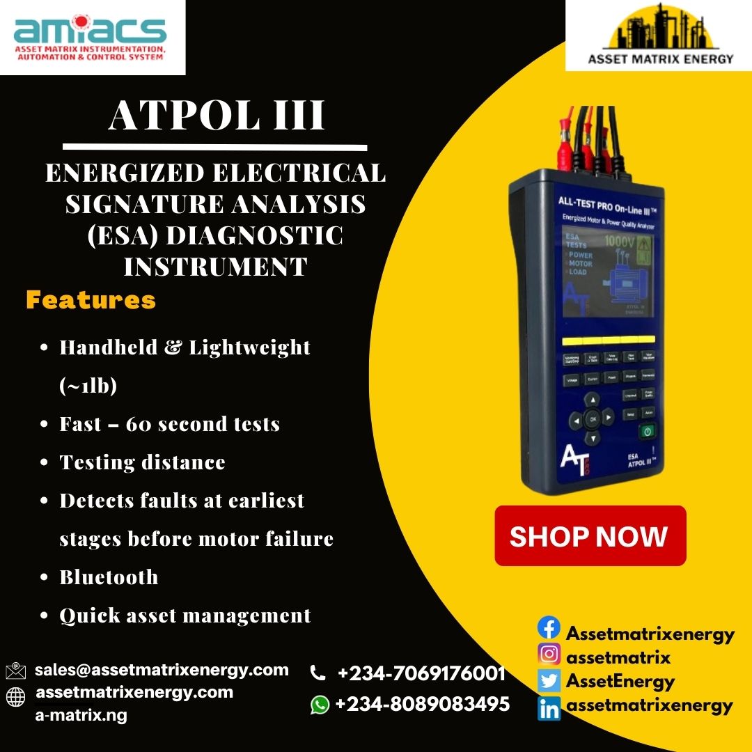 The ATPOL III power quality and electric motor analyzer is the most comprehensive electrical signature and power analysis instrument for AC/DC motors, generators, and transformers. For more inquires! sales@assetmatrixenergy.com #assetmatrix #alltestpro #diagnosticinstrument