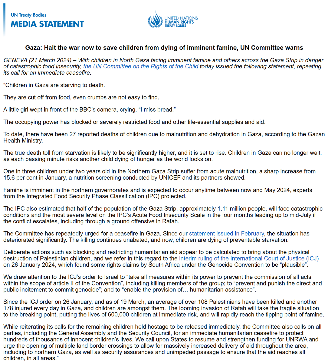 The UN Committee on the Rights of the Child #UNCRC delivers its strongest statement. Gaza: Halt the war now to save children from dying of imminent famine. #childrensrights @lexpsy