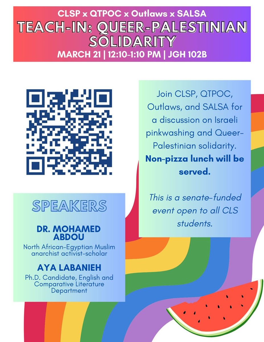 Honored to be invited to speak at this teach-in on 'Queer-Palestinian Solidarity' at Columbia's Law School today w/Aya.

I'll be speaking to how one cannot address or undo Pinkwashing w/o contending with US/Canadian Homonationalism, Settlercolonialism, &../1