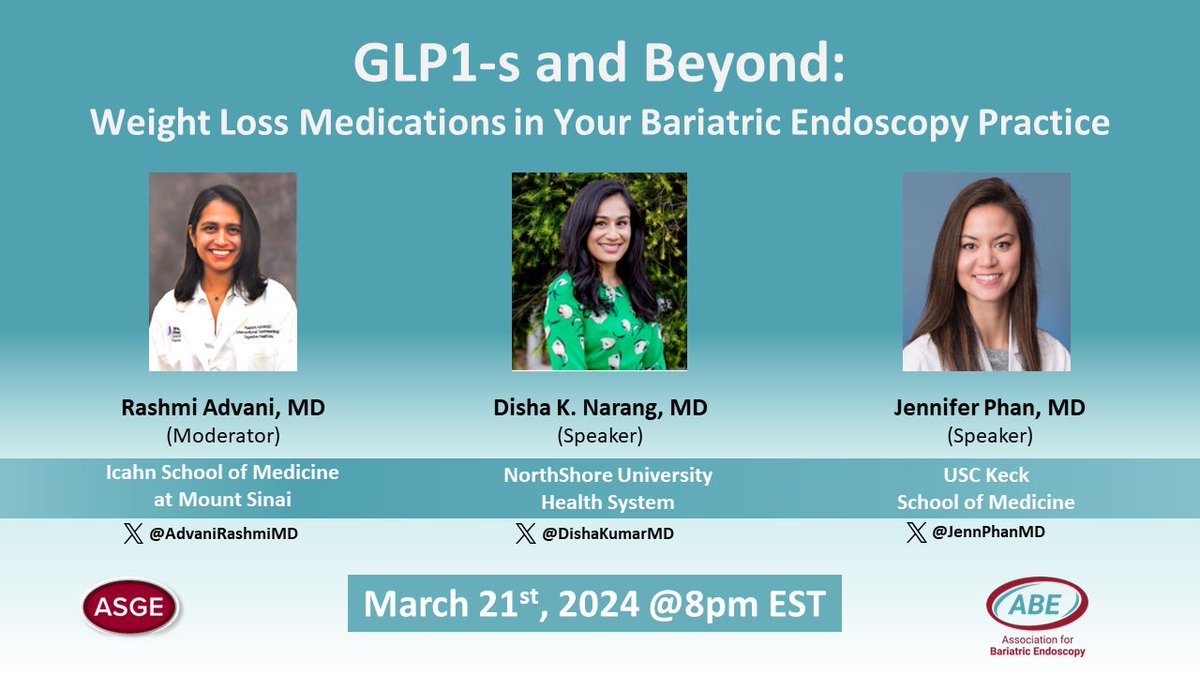 TONIGHT! Do not forget 💭 to register for this virtual event! ✅ MOA of GLP-1 ✅ Trial Data of weight loss outcomes ✅ AOM in your practice ✅ Dealing with adverse events ✅ Management of side effects ✅ Role of Bariatric Endoscopy Register 🔗 public.asge.org/Public/Events/…