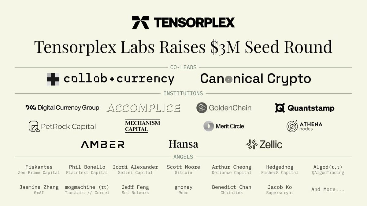 We are excited to announce that Tensorplex Labs has successfully raised a $3M Seed round, co-led by <a href="/Collab_Currency/">Collab+Currency</a> and <a href="/CanonicalCrypto/">Canonical Crypto</a>!

We continue on our mission to build capital and intelligence infrastructure for decentralized AI networks like Bittensor and more. 🧵