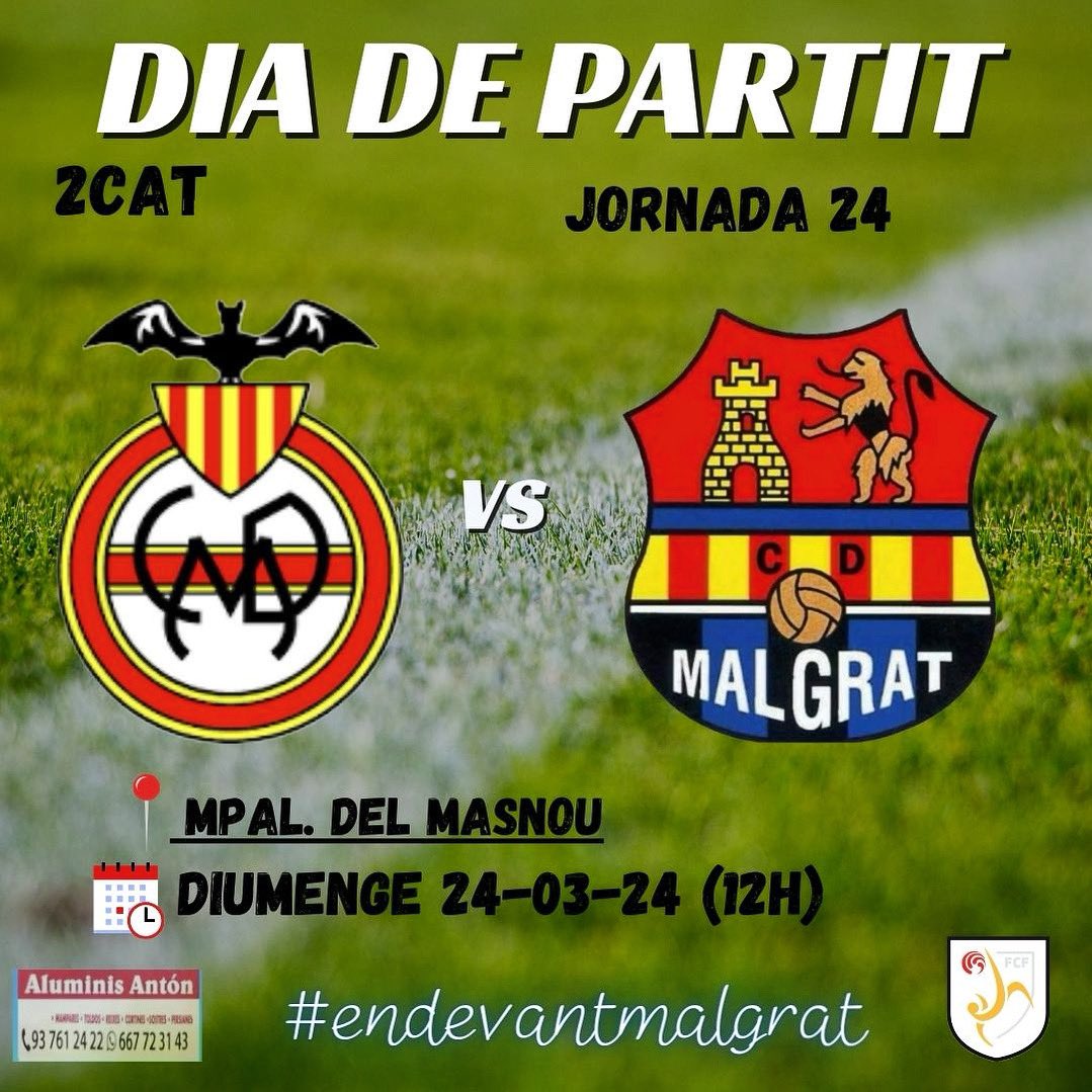 🔵⚫️ ᑎOᐯᗩ ᑕITᗩ ᑭEᖇ ᗩᒪ 2ᑕᗩT ⚫️🔵

Aquest cap de setmana cita al municipal de @cdmasnouoficial , partit que es disputarà a porta tancada. 

#cdmalgrat #fcf #futcat #futbolamateur #maresme #2CAT #endevantmalgrat