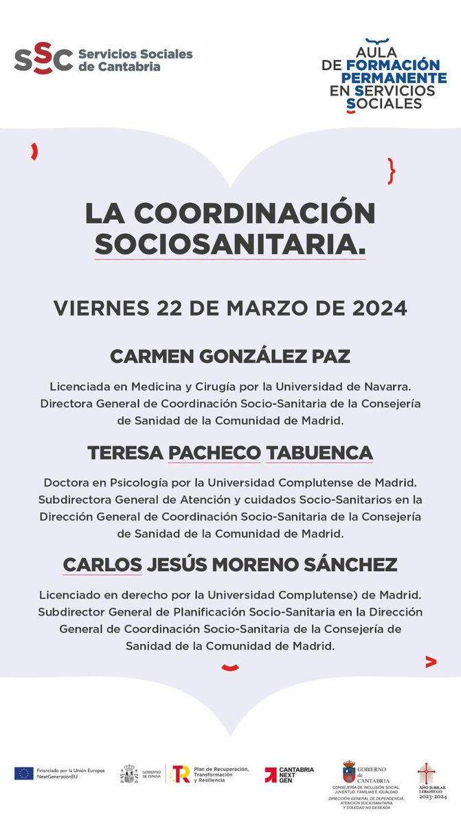Este viernes 22 de marzo sesión del <a href="/AulaServicios/">Aula de Formación Permanente Servicios Sociales</a> sobre la Coordinación Sociosanitaria junto a Carmen Gozález Paz, Teresa Pacheco Tabuenca y Carlos Jesús Moreno Sánchez

#serviciossociales