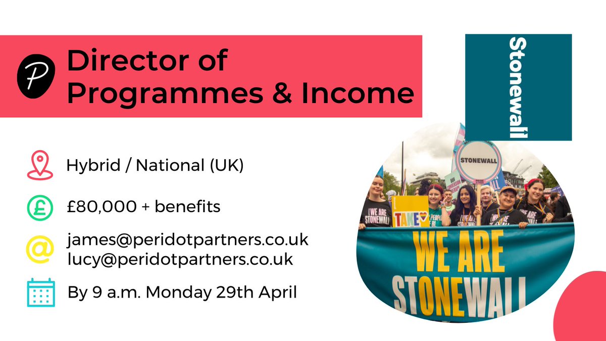 PeridotPartners's tweet photo. 🌈 Join @stonewalluk as Director of Programmes and Income to drive positive change in public attitudes and policy to create a world where all LGBTQ+ people are free to be themselves and can live their lives to the fullest. https://t.co/itbrlgi6f3 https://t.co/goND5sCk56