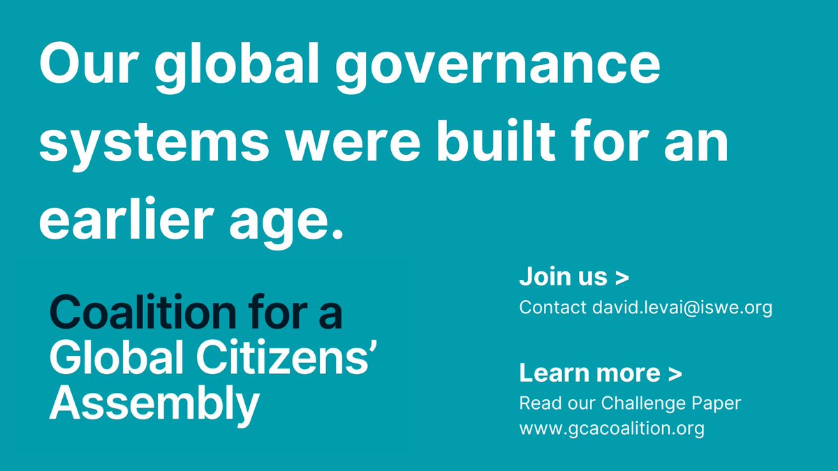 Today we launch a Challenge Paper, co-authored and supported by @unfoundation @iswe_org @SVoice2030 @PlataformaCIPO @UNAUK

A roadmap for Strengthening Citizen Participation In Global Governance.

➡️Read here: gcacoalition.org  1/5

#CitizensAssemblies