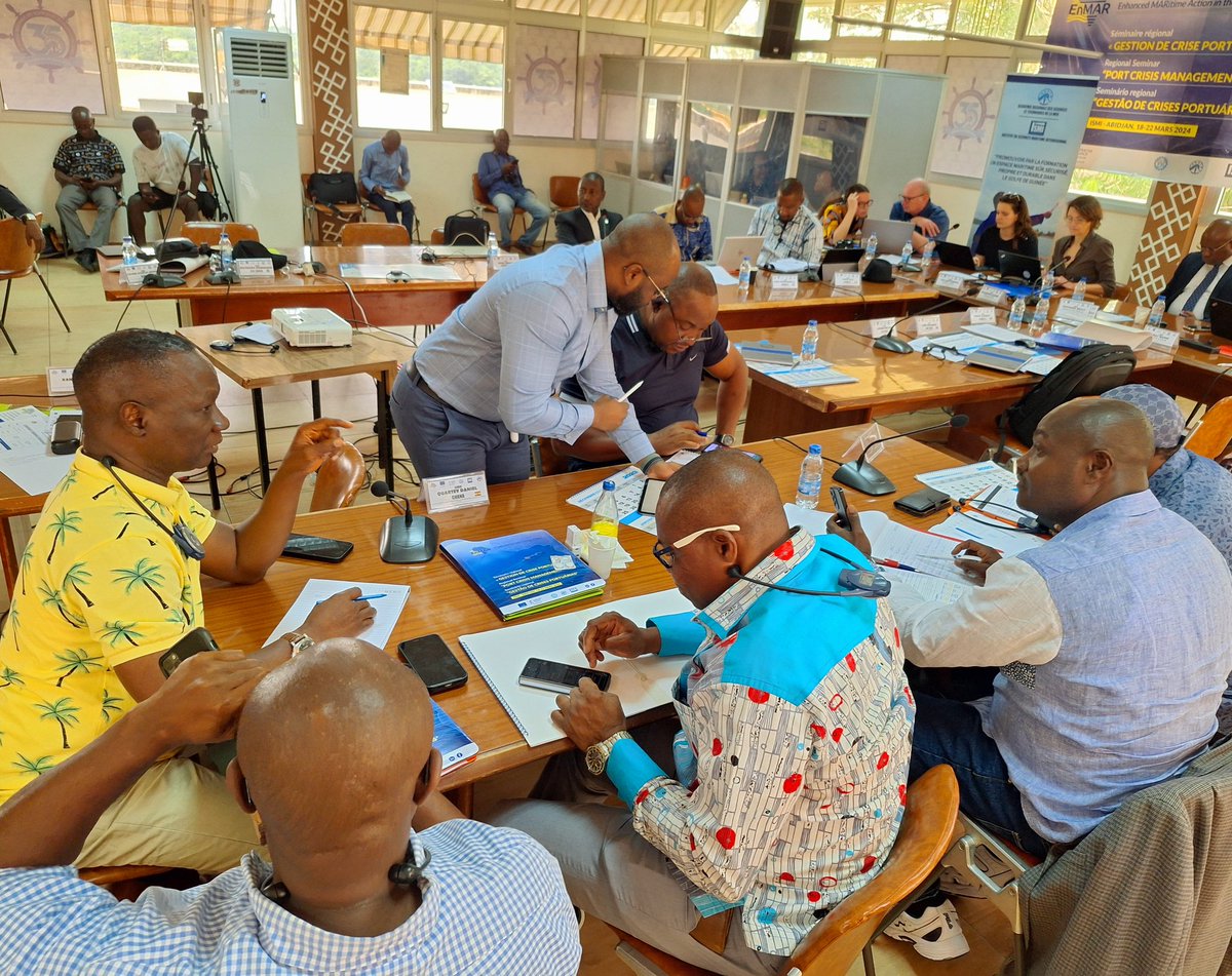 Day 4 of the #EnMAR Regional Port Crisis Management Seminar <a href="/RhetSTM/">ARSTM</a> 'The game is on, will the crisis be averted?' Scenario inspired by <a href="/FabriceTOLLARI/">Fabrice TOLLARI</a> with valuable support of #samuelchampon <a href="/expertisefrance/">Expertise France</a> <a href="/agpaoc_pmawca/">PMAWCA-AGPAOC</a> <a href="/SepcimA/">SepcimAEM</a> <a href="/UEenCI/">UE en Côte d'Ivoire</a>  <a href="/eu_eeas/">European External Action Service - EEAS 🇪🇺</a>