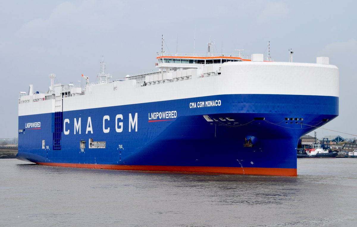 Monaco launched this January, are new CMA CGM ships named after motor racing tracks. #CMACGMMonaco #LNG @cmacgm #CMACGM #RiverThames #Thames #VehicleCarriers #VehicleCarrier #CargoShip #Shipping #ShipsInPics #ships_best_photos #Ship #WorkingRiver #Ships #LNGPowered #CleanShipping