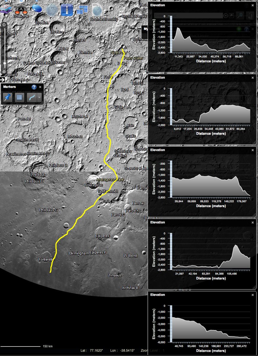 Hey @DARPA I did the lunar railroad thing for you, 9 years ago. Except it was from the North Pole, which is the logical place to do it from as it is 3x farther to do it from the South Pole under far worse terrain. This is from Whipple crater all the way down to Mare Frigoris.