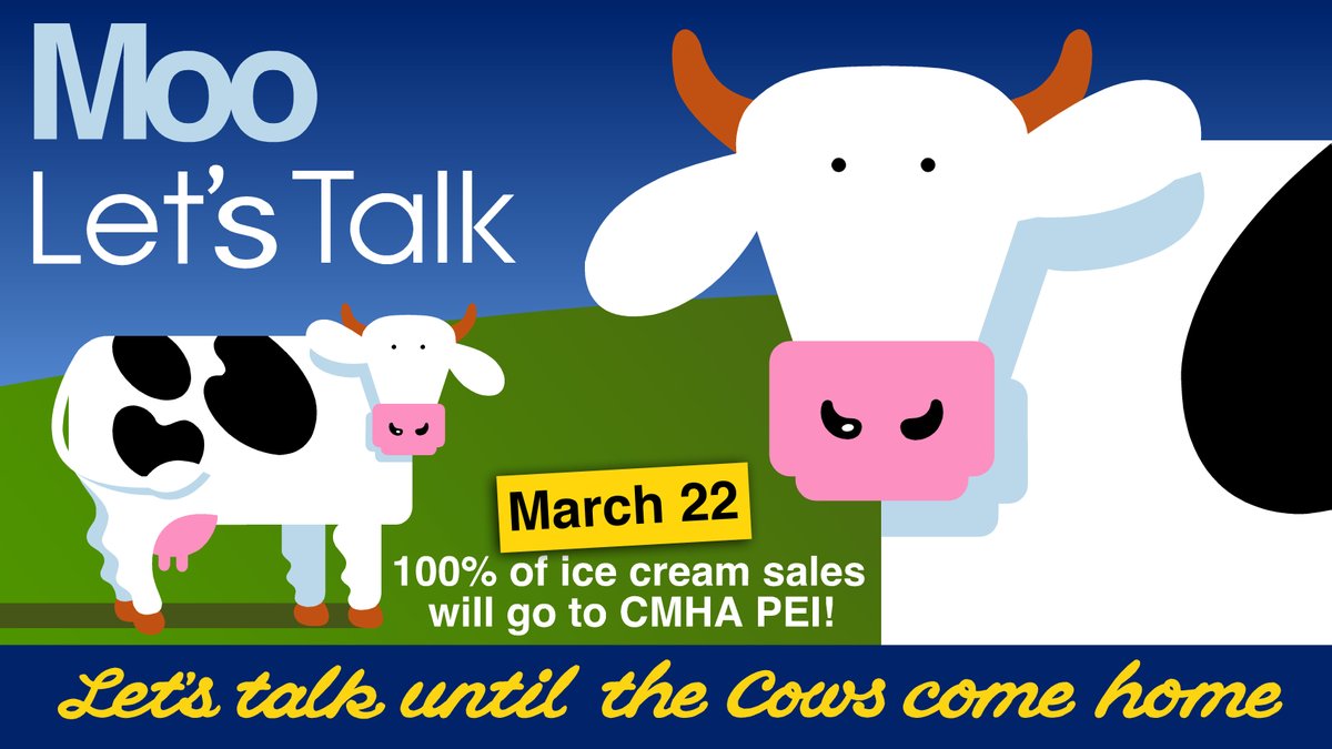 TOMORROW, March 22, between 11-8 pm, drop by one of two COWS locations for Moo Let’s Talk Day! CMHA PEI staff will be on-site, and COWS welcoming staff will be serving up ice cream in support of CMHA PEI. Find the full scoop at pei.cmha.ca/support-cmha/m…
#MooLetsTalk <a href="/COWSICECREAM/">COWS</a>