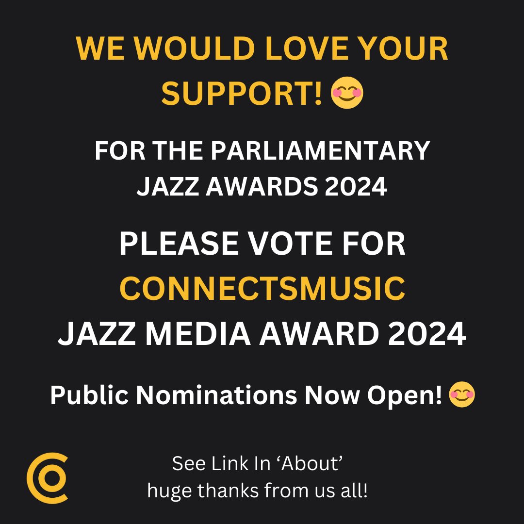 We would love your support for the Parliamentary Jazz Awards 2024!😊 Please vote for ConnectsMusic 'Jazz Media Award 2024'. Public Nominations Now Open! 📷 Vote here: docs.google.com/forms/d/e/1FAI…