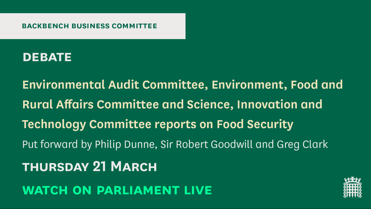 MPs are holding a debate on the reports of the Environmental Audit Committee, Environment, Food and Rural Affairs Committee and Science, Innovation and Technology Committee on Food Security. 📺Watch on Parliament live : parliamentlive.tv/Event/Index/d7…