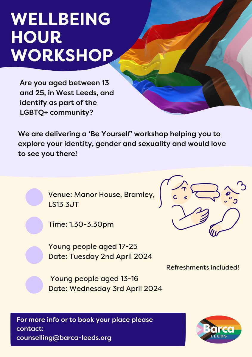 Aged 13 to 25? Part of the LGBTQ+ community in West Leeds? Our 'Be Yourself' workshops can help you to explore your identity. If you'd like more info or a chat, please get in touch: counselling@barca-leeds.org @Barcaleedsyp #LGBTQ #Support #BeYourself
