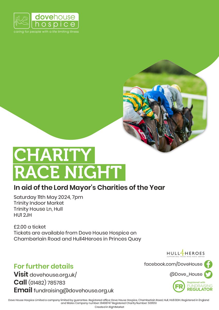 In Association with Dove House and in Aid of the Lord Mayor's charities we are hosting a Race Night! 🏇 Get your tickets here! loom.ly/89IkfM0 #mustbehull