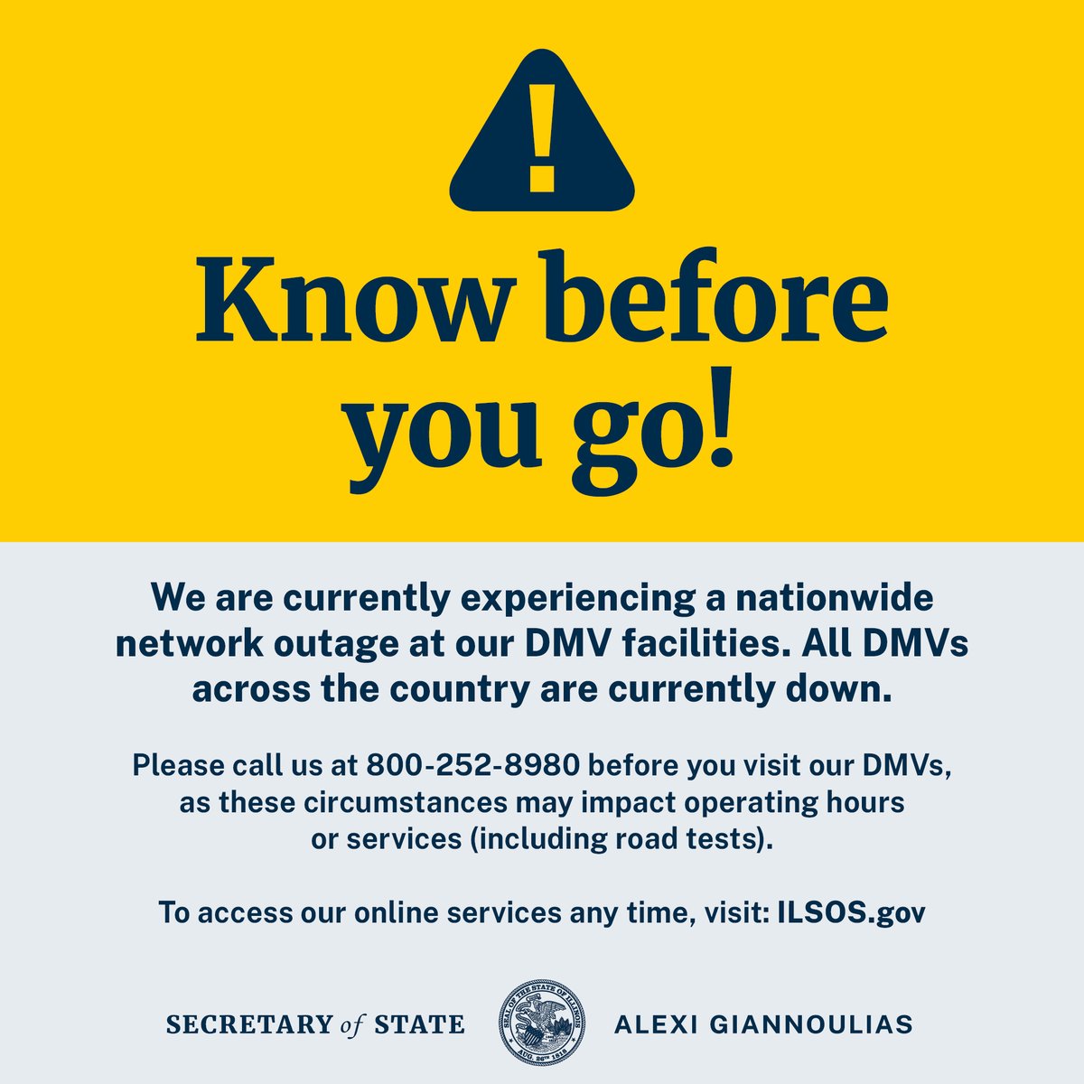 ⚠ ADVISORY: We are currently experiencing a nationwide network outage at our DMV facilities. All DMVs across the country are currently down.

Please call us at 800-252-8980 before you visit our DMVs, as these circumstances may impact operating hours or services.