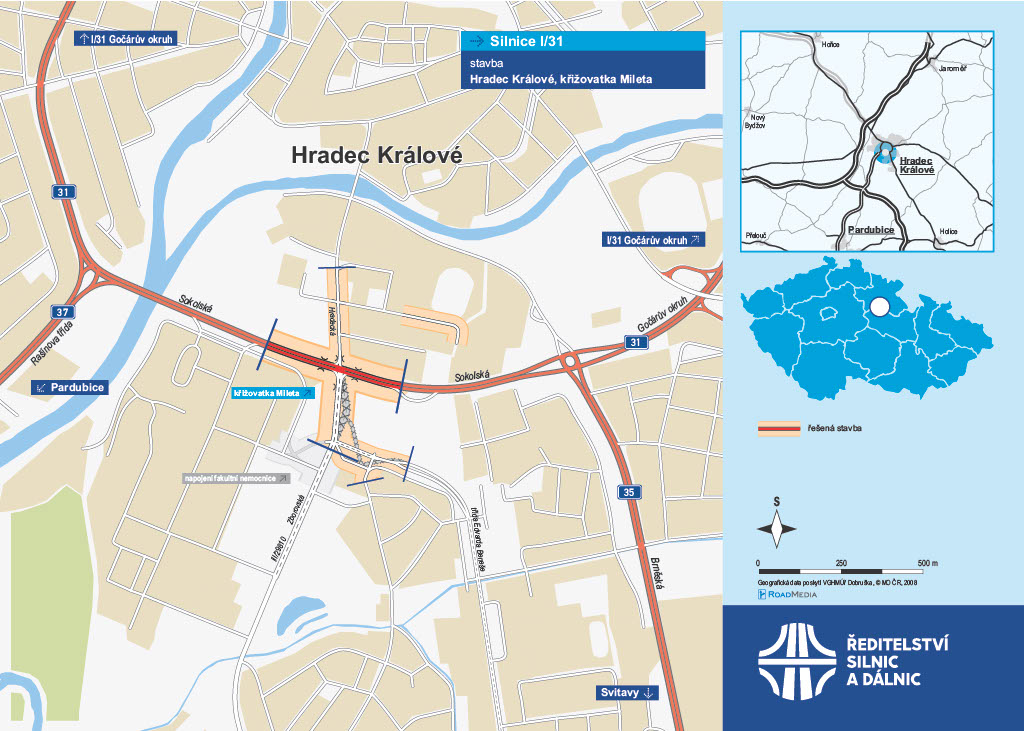 Zahájili jsme přestavbu křižovatky Mileta na I/31 v Hradci Králové. Až stavba skončí, zvládne křižovatka větší dopravní zatížení a zároveň vznikne nové bezproblémové propojení pro pěší a cyklisty mezi Moravským Předměstím a centem města.