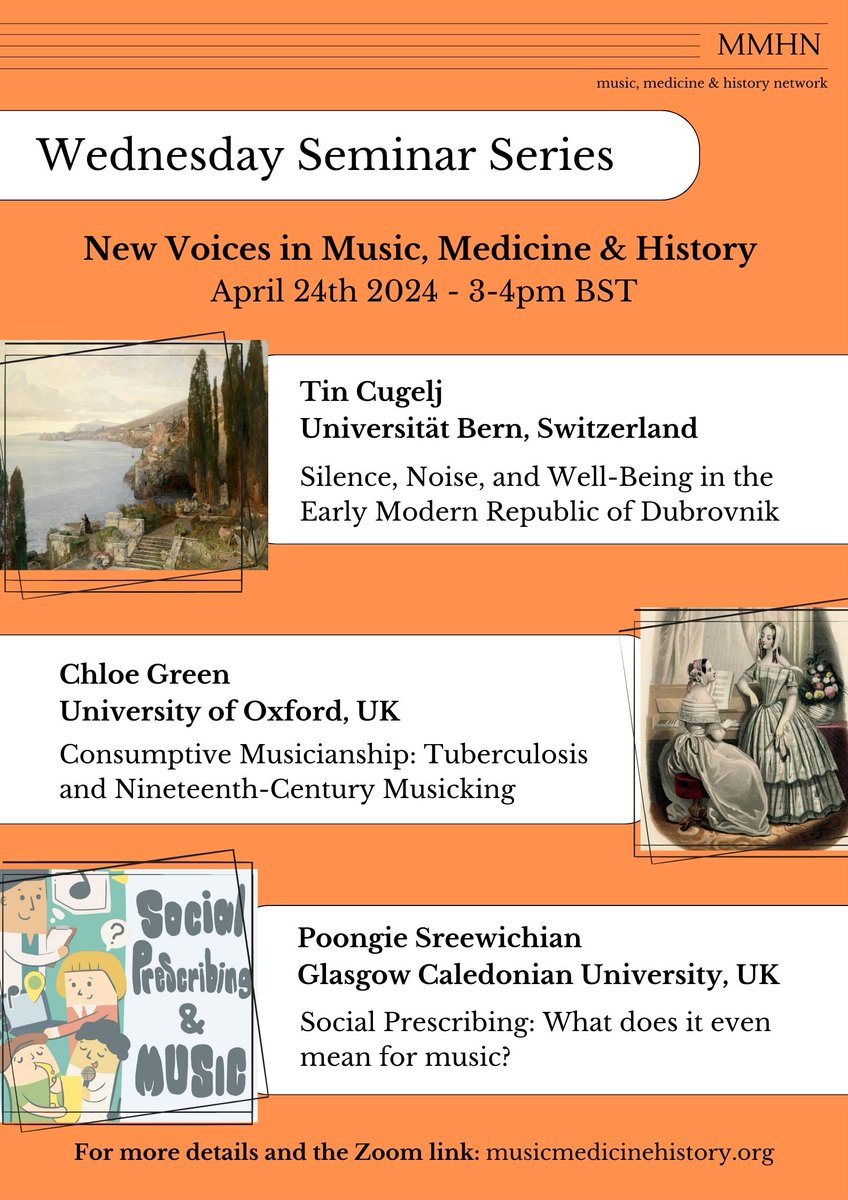 Date for the diary! 🗓️ Join us on April 24th for our next Wednesday seminar - a celebration of postgrad research in Music, Medicine & History with short talks from @TinCugelj @chloeelizgreen & @PPoongie Zoom link & more details ⬇️ musicmedicinehistory.org/wednesday-semi…