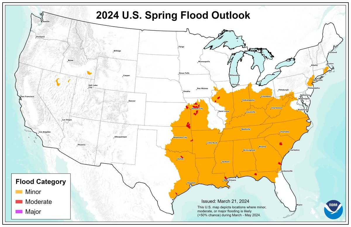 (2/4) .@NOAA #SpringOutlook 2024: Hydrologists predict a low risk for flooding throughout the U.S., with low water flow possible in the Mississippi River Basin. bit.ly/SpringOutlook2… @nwscpc @nwsnwc
