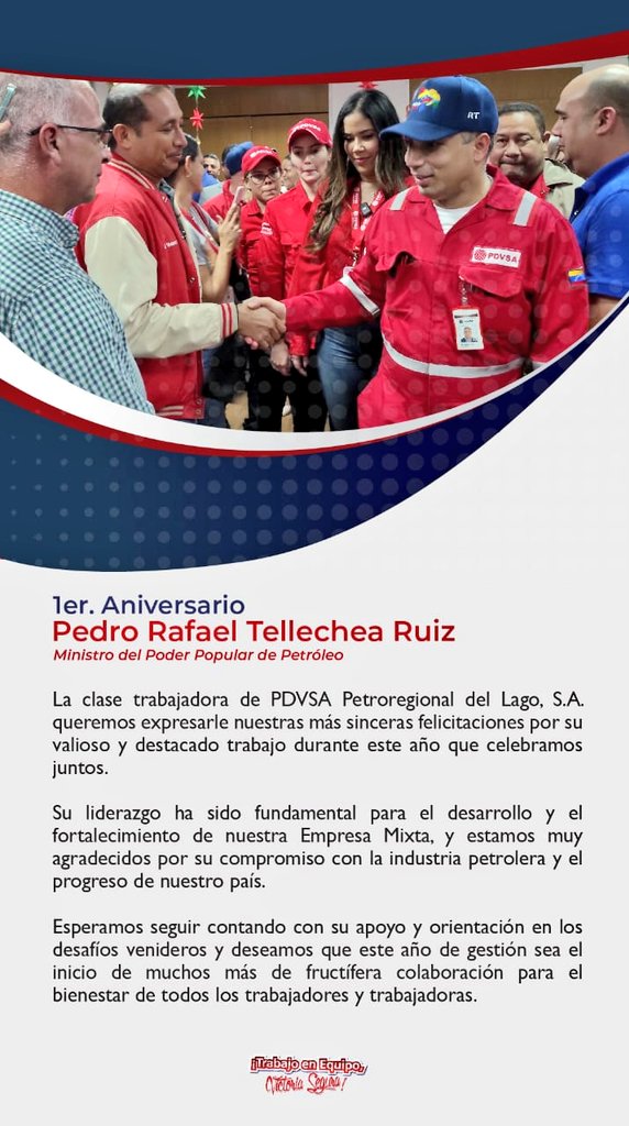 ¡Un año Victorias y Bendiciones! 

 Felicidades  al ministro y presidente de PDVSA, Pedro Rafael <a href="/TellecheaRuiz/">Rafael Tellechea</a> por su primer año al frente del Ministerio del Poder Popular de Petróleo.