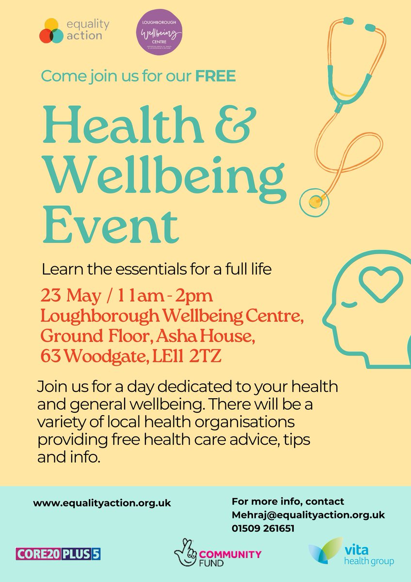 You're invited to our annual Health & Wellbeing event on 23 May '24. Expect a variety of local health organisations providing free health care advice & info. #Loughborough #Leicestershire #healthandwellbeing #wellbeingevent #healthevent #nonprofit #adviceandsupport @CafeWellbeing