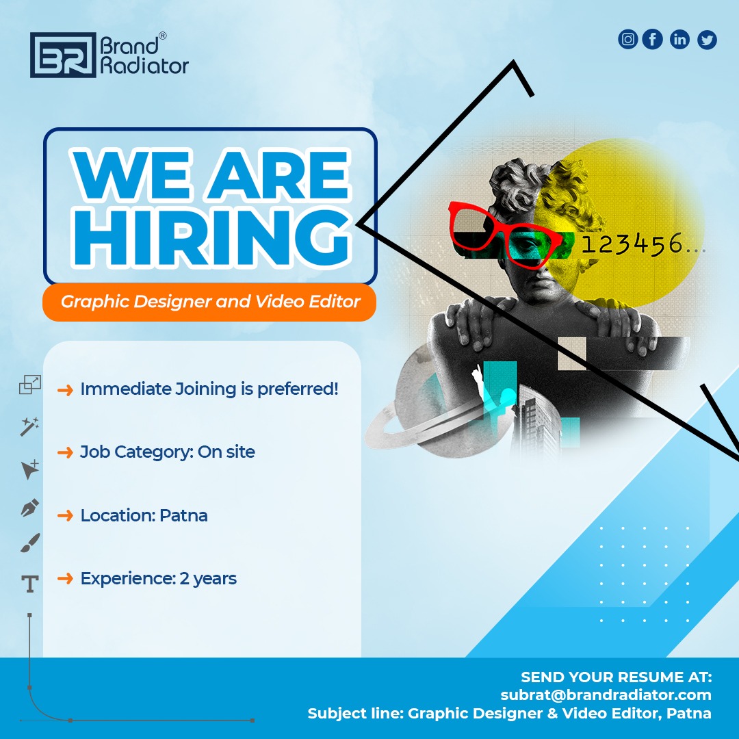 We are hiring ! Graphic Designer & Video Editor Interested Candidate can send CV with Subject Line 'Graphic Designer/Video Editor ' and below mentioned details in Mail Body to subrat@brandradiator.com #hiring #graphicdesigner #applynow #resumesubmission #brandradiator