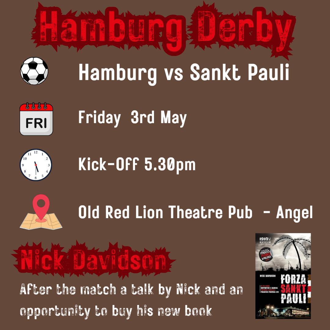 Hamburg derby live @ORLTheatre on Friday 3rd of May. @outside_left will also be in attendance for a chat and chance to buy his new book. Forza Sankt Pauli 🏴‍☠️🏴‍☠️🏴‍☠️ @LondonStPauli