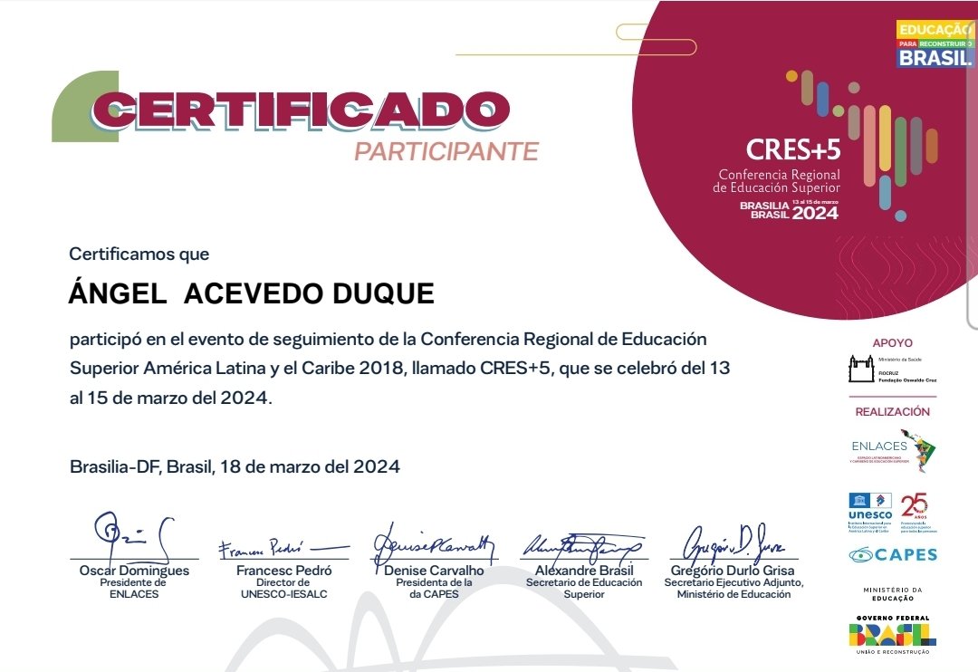 Estimada Red.
Que grata experiencia fue estar en la Conferencia Regional de Educación Superior CRES+5 #Brasil 2024 <a href="/unesco_iesalc/">UNESCO IESALC #EducaciónSuperior #HigherEducation</a> Donde tuve el placer de participar en el Lanzamiento del #ForoPES 
<a href="/ciencias_chile/">Centro de Comunicación de las Ciencias</a> 
<a href="/UAinvestigacion/">Vicerrectoría de Investigación y Doctorados UA</a>