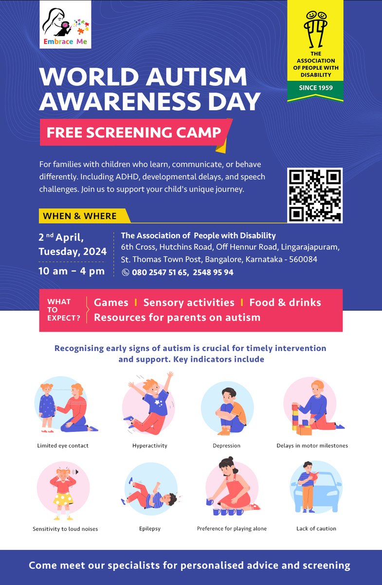 Does your child show any signs of autism? On this #WorldAutismAwarenessDay, meet our specialists & get your child a free screening at our Autism Awareness Camp April 2nd, 10 am - 4 pm | APD Main Campus, Lingarajpuram. We hope to see you there! #AutismAwareness #YesToAccess #APD