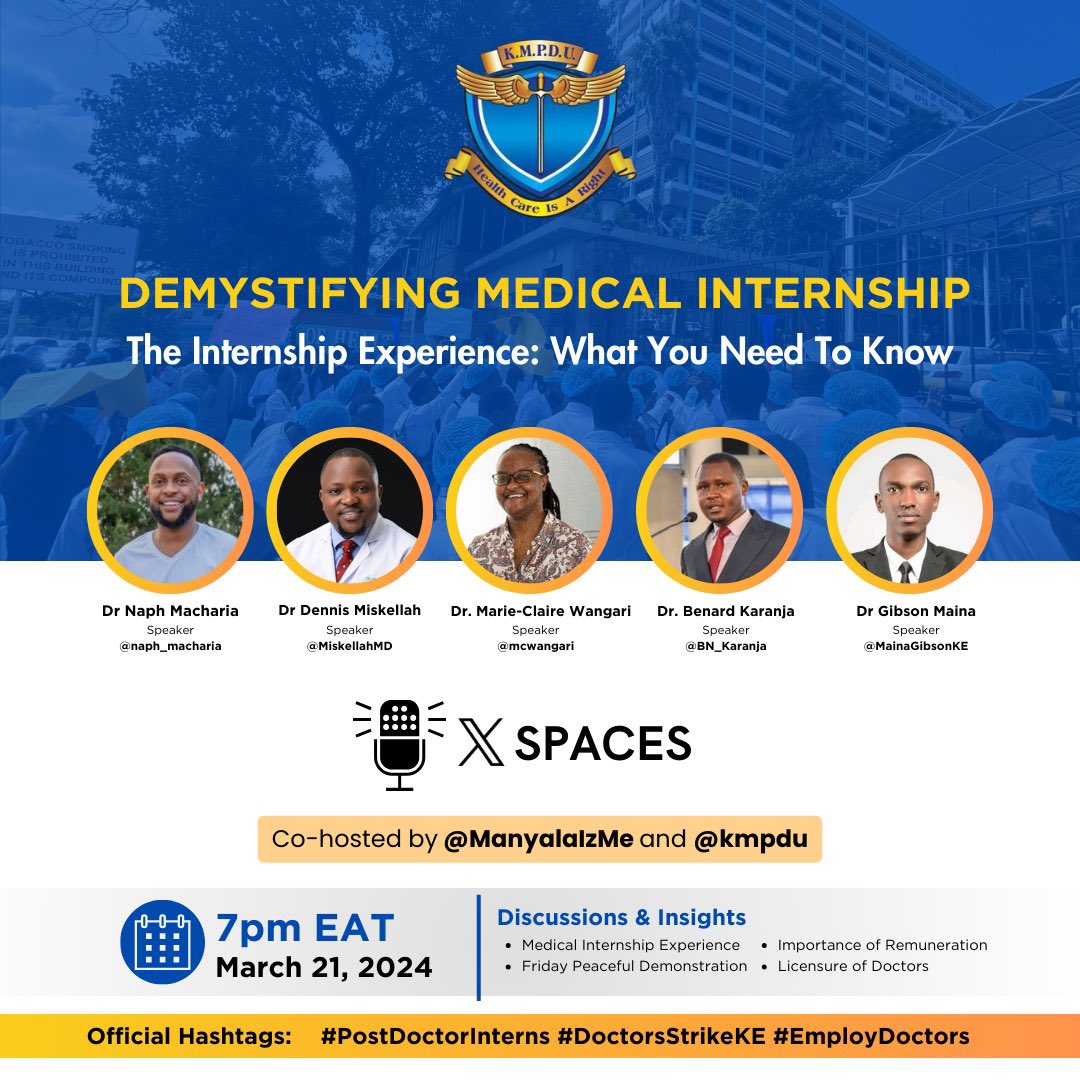 BN_Karanja's tweet photo. Let the future generations know, that when our profession was on the line we never kept quiet 

The conversation continues 

Leo jioni X Space by @kmpdu 

Kesho mapema pale @tv47news alongside @Branicemercy and @Dr_AustinOmondi 

#DoctorsStrikeKE 
#PostDoctorInterns https://t.co/8D3kpgcy5O