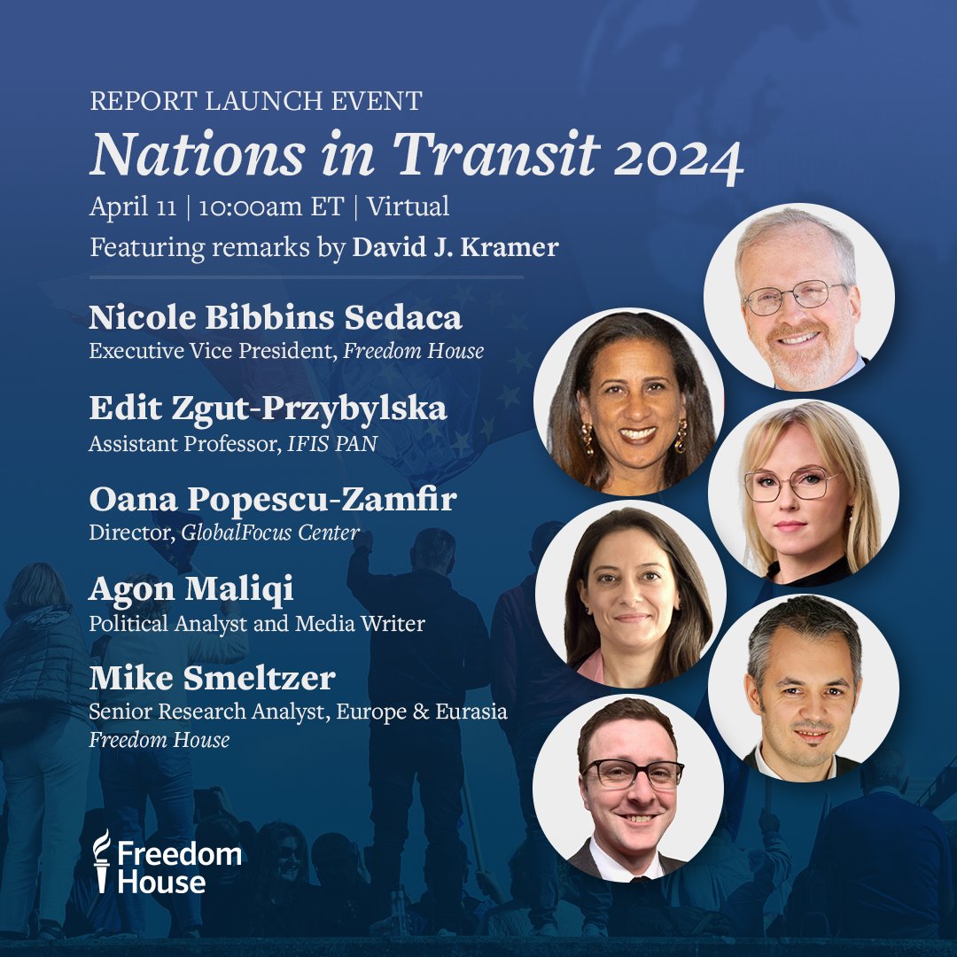 #NationsInTransit 2024 launches April 11! Be sure to RSVP for our virtual launch event, where we’ll cover this year’s major takeaways and hear from regional experts like @ZgutEdit, @OanaPope, @AgonMaliqi, and FH’s own @smeltzermj. Save your seat: freedomhouse.org/event/report-l…