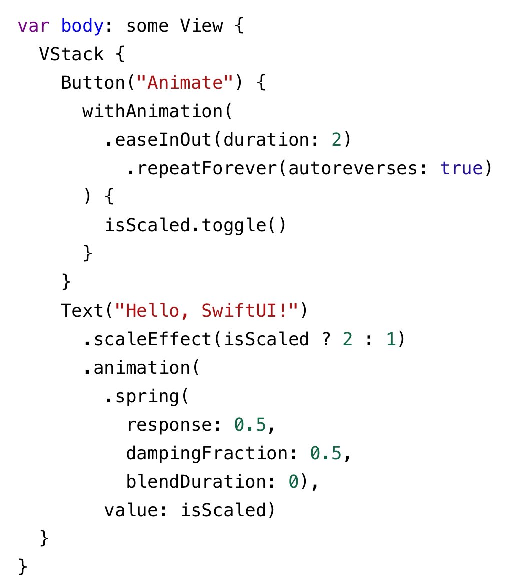 sinarez's tweet photo. #iOSDev tips 7/100 
#SwiftUI animations are easily customized with timing, easing, and spring options. Compose complex animations by chaining modifiers.
Use `.animation()` for timing and effects, and more controls. https://t.co/9WtIqoUlbj