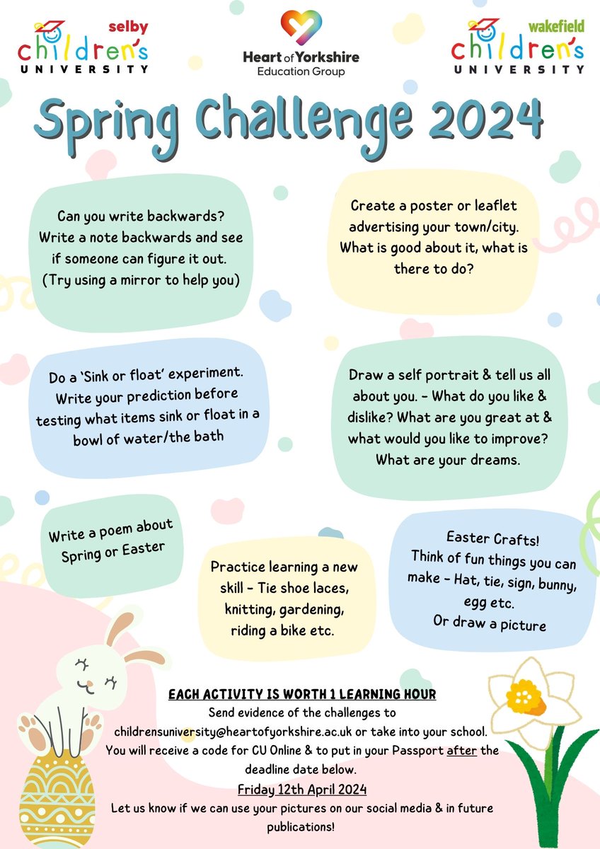Wakefield CU (@wakefieldcu) on Twitter photo Our Spring Challenge is here
Activities are low cost/free that you can do at home or locally.
Send your evidence to childrensuniversity@heartofyorkshire.ac.uk by 12th April and we will send you a code for your CU Online account.
We look forward to seeing your fantastic creations! Our Spring Challenge is here
Activities are low cost/free that you can do at home or locally.
Send your evidence to childrensuniversity@heartofyorkshire.ac.uk by 12th April and we will send you a code for your CU Online account.
We look forward to seeing your fantastic creations!