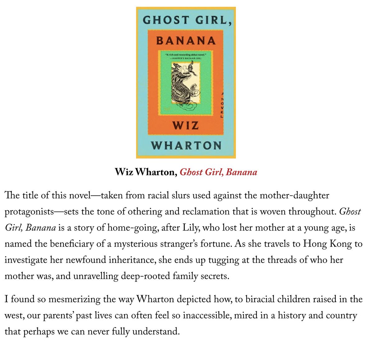 I am grateful and honoured to have #GhostGirlBanana recommended by the wonderful Ela Lee in this article on @lithub. Ela's #Jaded is a must-read novel about disconnection, biracial identity and the process of self-discovery and recovery: lithub.com/colorism-code-…