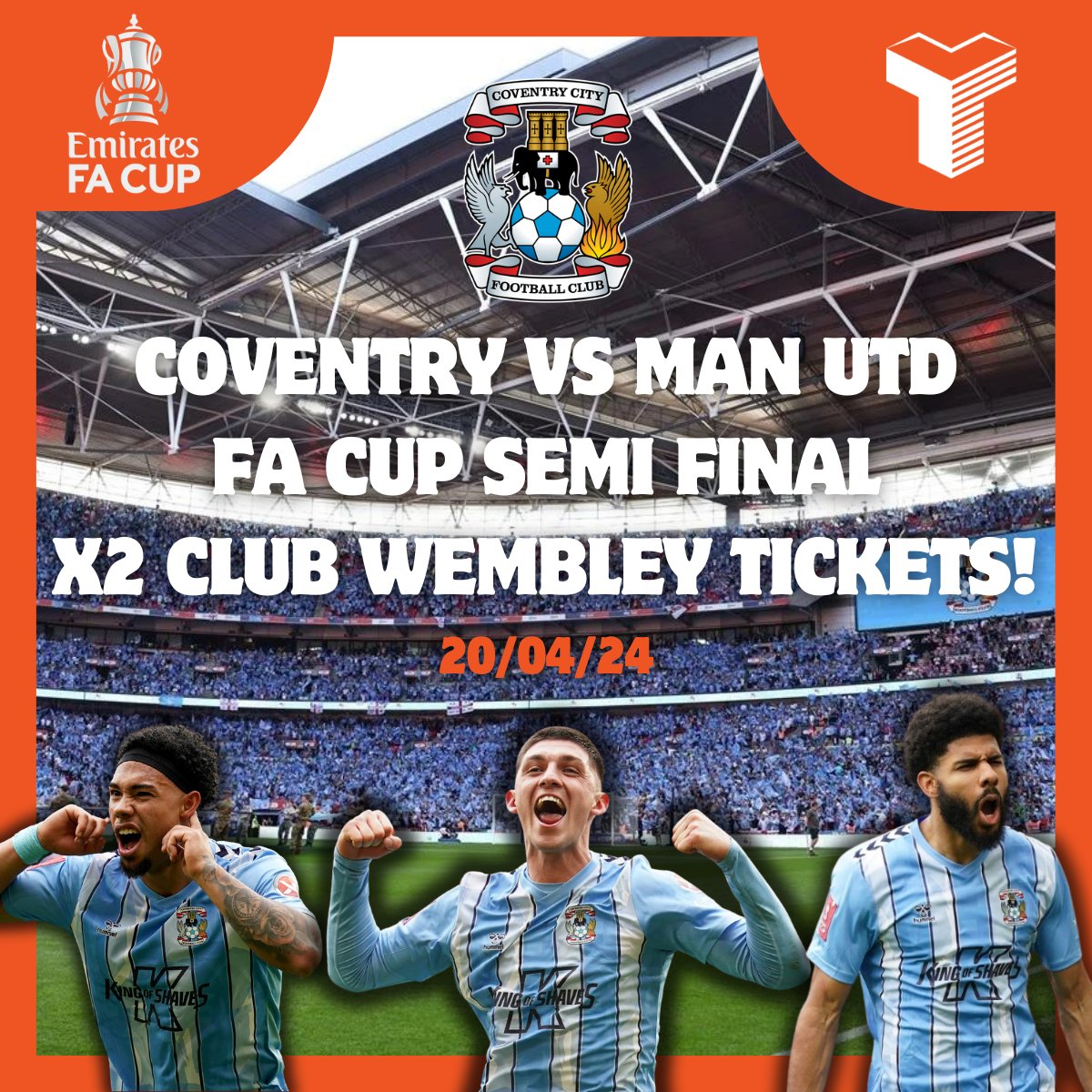 Tradeline Recruitment Ltd have a unique opportunity for a couple of lucky people to win 2 tickets for the FA Cup Semi-final between Coventry City Football Club and Manchester Utd via our club Wembley membership on Saturday the 20th April 2024