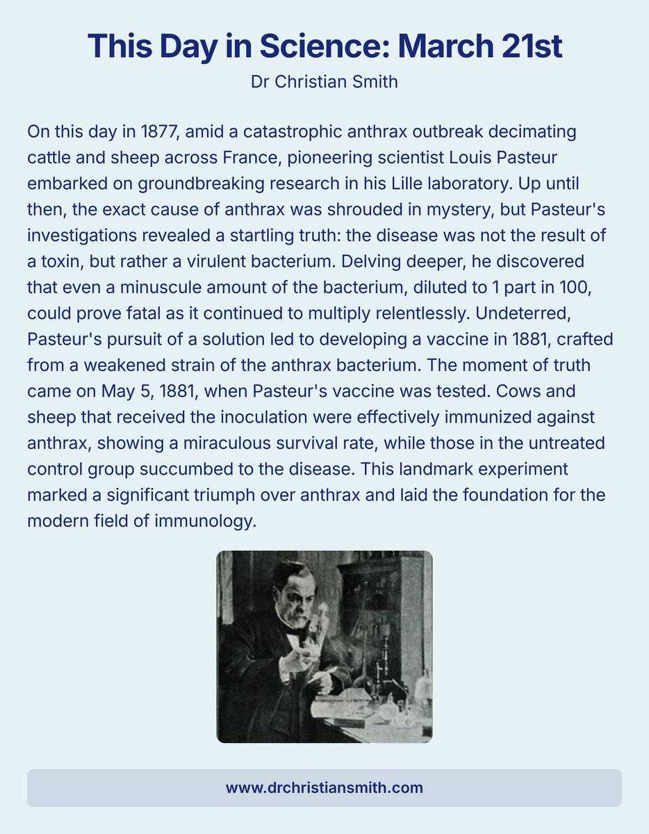 drcasmith's tweet photo. On #thisDayInScience in 1877, Louis #Pasteur tackled anthrax in his lab, uncovering that bacteria, not toxins, caused it. By 1881, he created a vaccine, saving countless lives. His work laid immunology's foundation, showcasing the power of science in the fight against disease. https://t.co/4idL2gNoRs