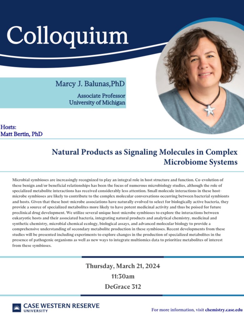 Dr. Marcy Balunas from the University of Michigan is visiting the Chemistry Department to give the Colloquium Lecture today at 11:30am in DeGrace 312.