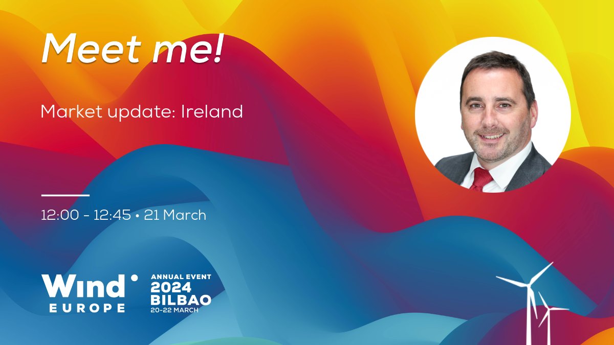 Matt Collins, Assistant Secretary for Renewable Electricity, Hydrogen & Grid, will take part in an Ireland Market Sessions today at @WindEurope in Bilbao.

Join us to hear about the latest Irish developments as well as business opportunities.

#WindPowerIRL