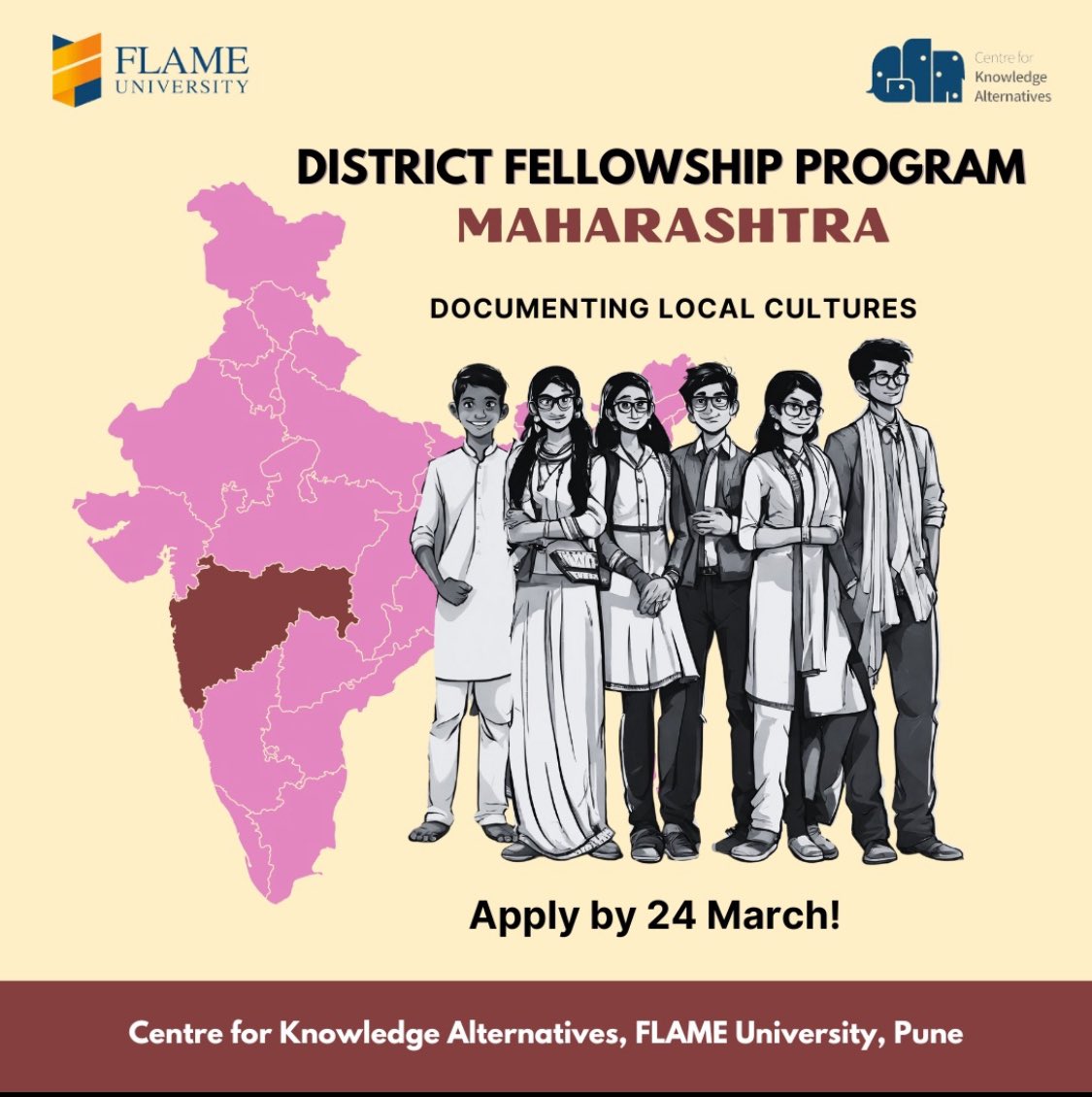 Yugank Goyal (@yugank_goyal) on Twitter photo If you’re from Maharashtra and keen on documenting your local cultures, do apply!
(Last date: 24 March)
flame.edu.in/cka/district-f…
#Maharashtra
<a href="/SakalMediaNews/">SakalMedia</a> <a href="/lokmat/">Lokmat</a> <a href="/mataonline/">Maharashtra Times</a> <a href="/pudharionline/">Pudhari News</a> <a href="/LoksattaLive/">LoksattaLive</a> If you’re from Maharashtra and keen on documenting your local cultures, do apply!
(Last date: 24 March)
flame.edu.in/cka/district-f…
#Maharashtra
<a href="/SakalMediaNews/">SakalMedia</a> <a href="/lokmat/">Lokmat</a> <a href="/mataonline/">Maharashtra Times</a> <a href="/pudharionline/">Pudhari News</a> <a href="/LoksattaLive/">LoksattaLive</a>