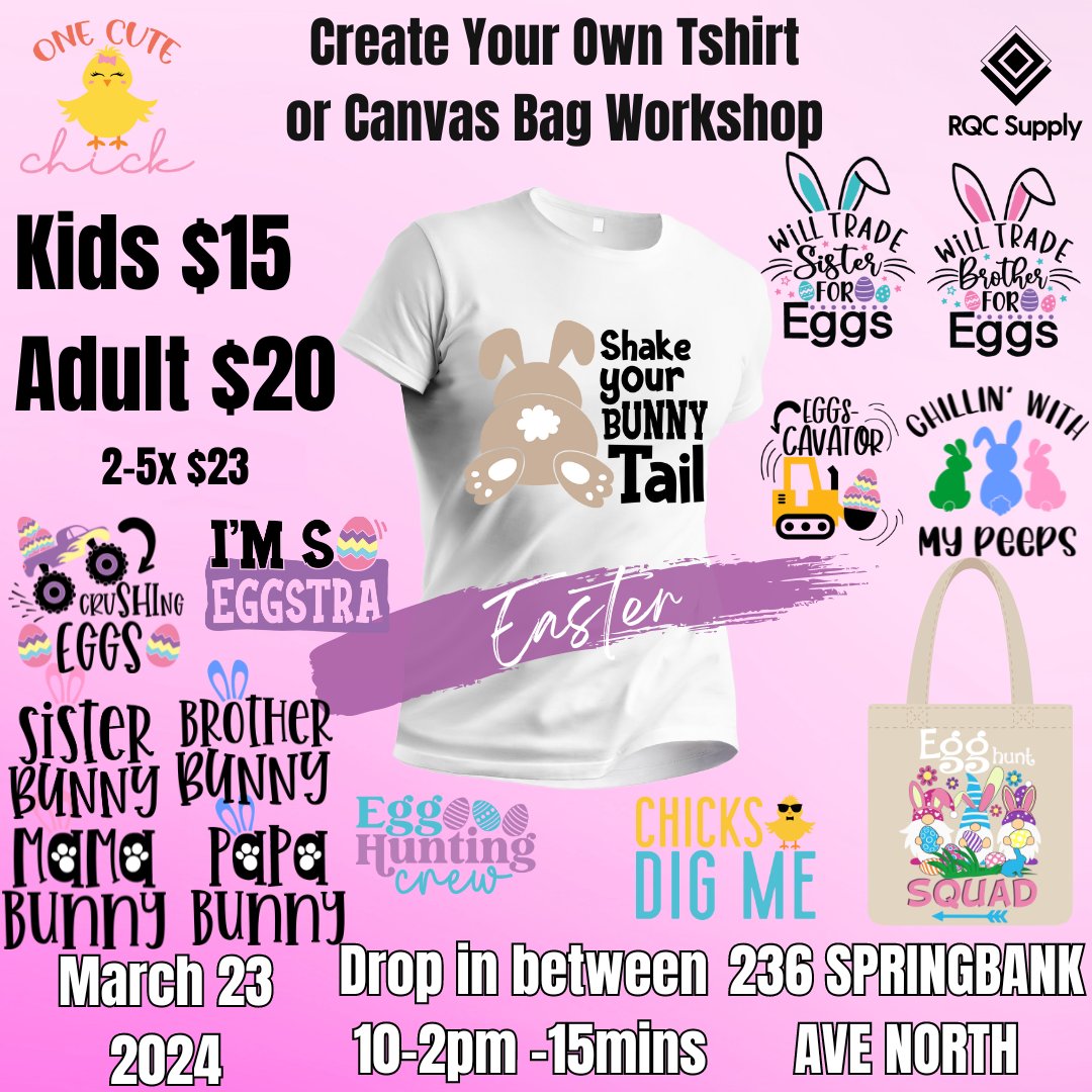 RQCSupply's tweet image. 🌷🐰 Ready to hop into the Easter spirit? 🎨✨ Join us this Saturday for an Easter Day T-shirt workshop at RQC Supply Drop between 10-2pm only takes 10-15mins  🐇
.
#EasterWorkshop #CreativityUnleashed #RQCSupply #ArtisticWorkshop #Eastertshirts #personalizedtshirt #craftstore
