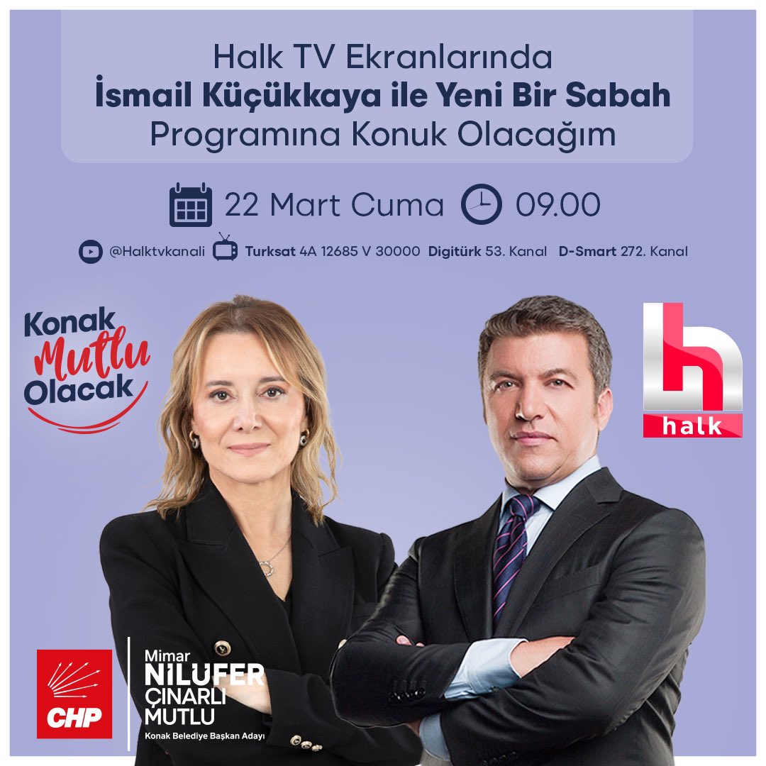 22 Mart Cuma saat 09.00’da @halktvcomtr’de yayınlanacak @KucukkayaIsmail ile Yeni Bir Sabah programına konuk olacağım. Konak vizyonumuzu ve projelerimizi konuşacağımız programı izlemeniz dileğiyle.