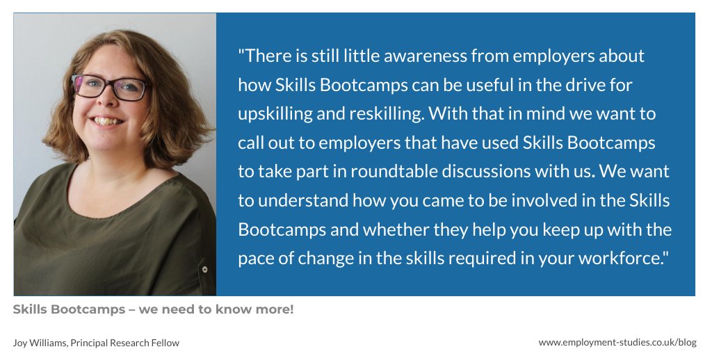 In a new blog, @JoyKWilliams summarises recent research into the DfE's Skills Bootcamps & how well they fit with occupational standards, including a call to action for employers who have used Skills Bootcamps to participate in further research. Read more: bit.ly/3TqRaMD