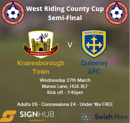 🚨FIXTURE UPDATE🚨 Our @WestRidingFA County Cup Semi-Final vs @GuiseleyAFC will be played Wednesday 27th March with Kick Off at 7:45pm Our fixture away to @pcfc1906 will be rearranged. We will confirm the date once known