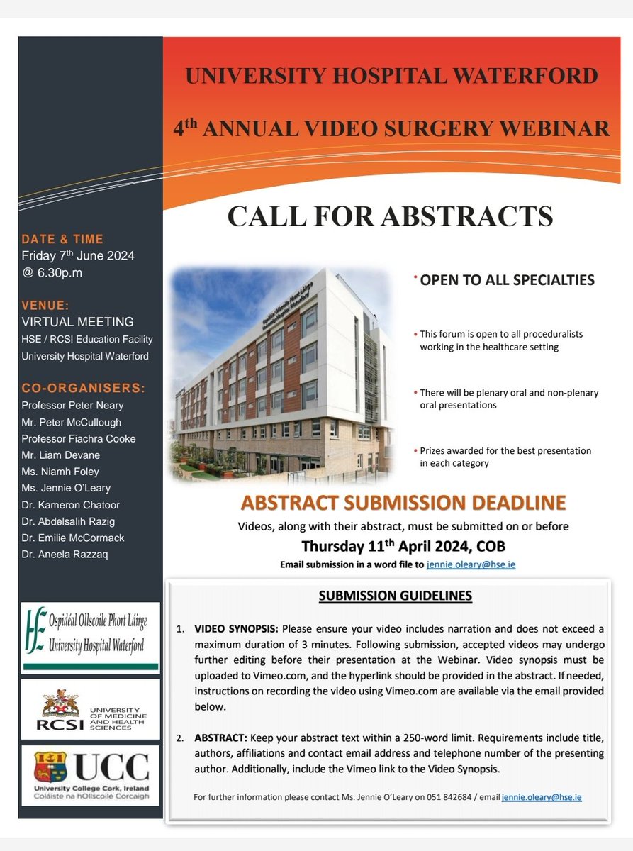 UHW are hosting the 4th Annual Video Surgery Webinar on the the 7th of June. Would really encourage all levels to engage and submit an abstract for this highly entertaining meeting. Deadline 11th April!