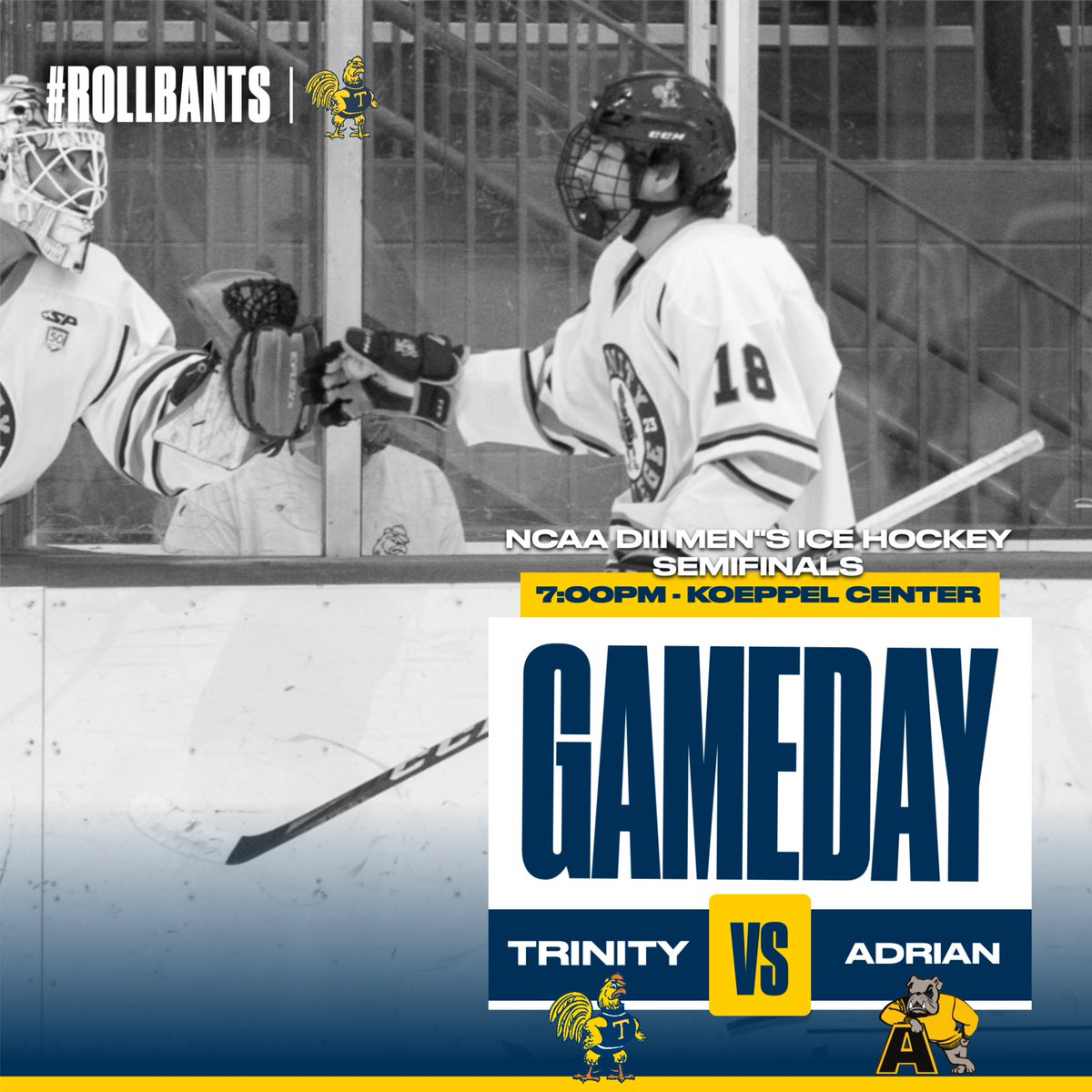 M🏒| @TCBantamsHockey will take the ice for a 7PM game against Adrian in the NCAA DIII Semifinals in Koeppel Community Center #RollBants🐓 🆚 @AdrianBulldogs 📍 Koeppel Center ⏰ 7:00PM 📺 ncaa.com/game/6284738