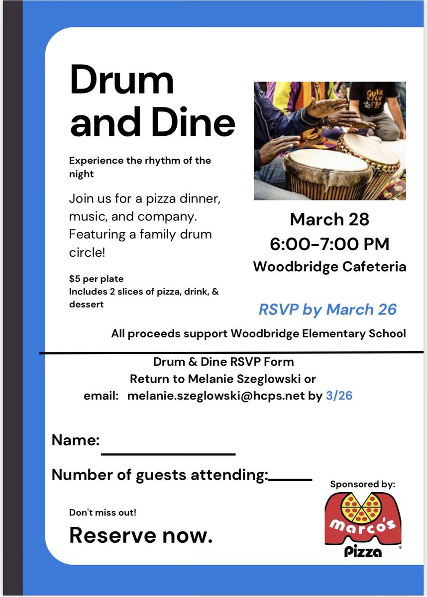 Come and join us for Drum and Dine on March 28th from 6-7 PM! Enjoy pizza, music and a family drum circle. $5 per plate for 2 slices, drink and dessert! RSVP! @HillsboroughSch