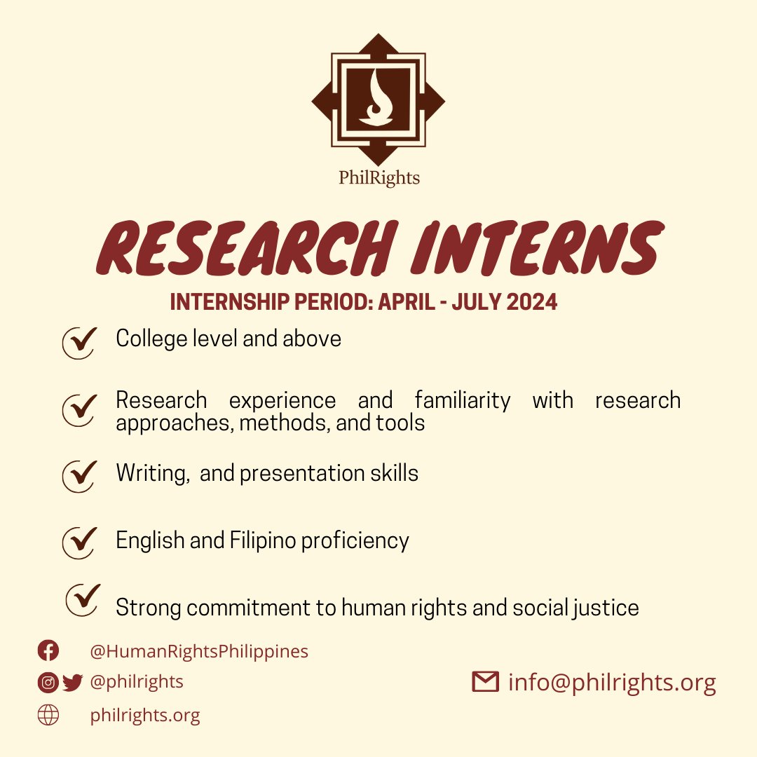 philrights's tweet photo. PhilRights is looking for three (3) Research Interns!  Join our team and gain firsthand experience in human rights research and advocacy. https://t.co/bIxGImpBpZ