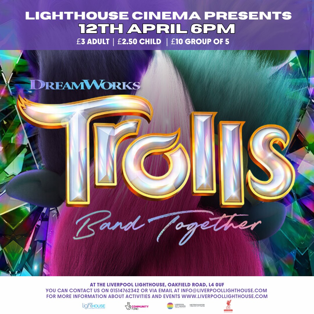 We're turning up the happiness and exploding with colour here at @LivLighthouse as we prepare for our next screening: “Trolls: Band together” 🌈🎵 🗓️Friday 12th April @ 6pm Prepare for an evening filled with music, magic, and the power of friendship. 🎟️👉ticketsource.co.uk/liverpool-ligh…