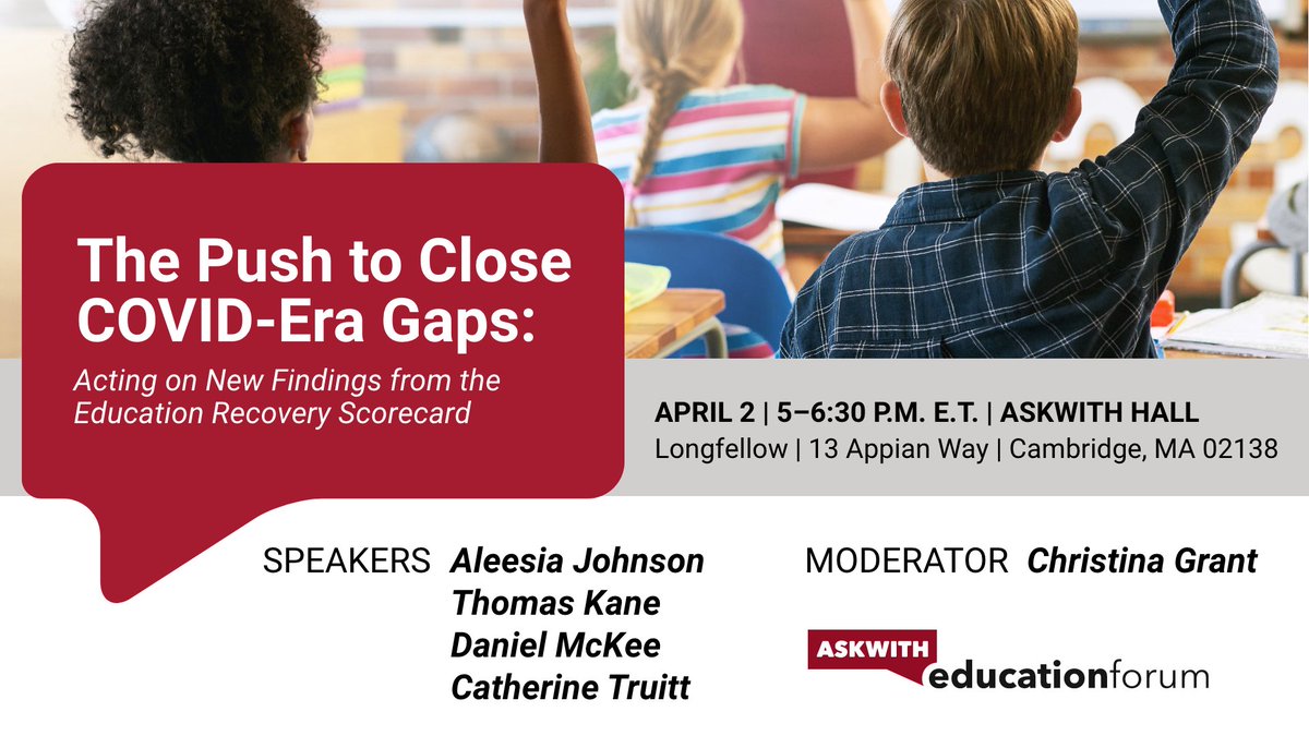 Harvard Graduate School of Education (HGSE) (@hgse) on Twitter photo How can states and districts galvanize action, bolster education outcomes, and close COVID-era gaps? Hear from <a href="/HarvardCEPR/">Harvard CEPR</a>'s @DrCMGrant and Tom Kane, <a href="/IPSSchools/">IPS</a>' <a href="/AleesiaLJohnson/">Dr. Aleesia Johnson</a>, Rhode Island Governor <a href="/GovDanMcKee/">Governor Dan McKee</a>, and <a href="/ncpublicschools/">NC Public Schools</a>' @CTruittNCDPI. cvent.me/8X1e8P How can states and districts galvanize action, bolster education outcomes, and close COVID-era gaps? Hear from <a href="/HarvardCEPR/">Harvard CEPR</a>'s @DrCMGrant and Tom Kane, <a href="/IPSSchools/">IPS</a>' <a href="/AleesiaLJohnson/">Dr. Aleesia Johnson</a>, Rhode Island Governor <a href="/GovDanMcKee/">Governor Dan McKee</a>, and <a href="/ncpublicschools/">NC Public Schools</a>' @CTruittNCDPI. cvent.me/8X1e8P
