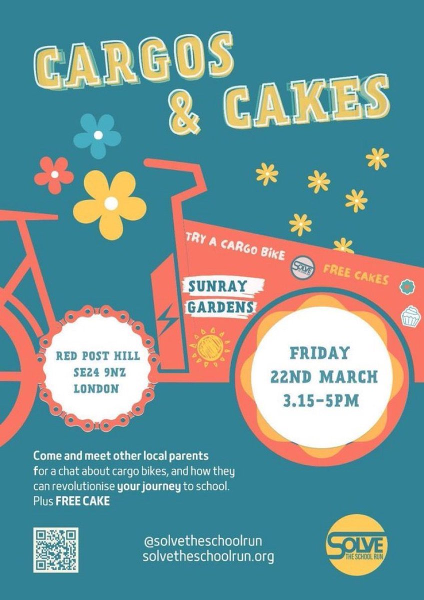🍰 We know you love cake. But what do you know about Cargo Bikes? Come Cargo & Cakes this FRIDAY 3.15 ~ 5pm ☀️Try a #CargoBike ☀️Find out how they can revolutionise your journey to school ☀️Chat to local parents ☀️Eat cake! SUNRAY GARDENS, RED POST HILL, SE24 9NZ