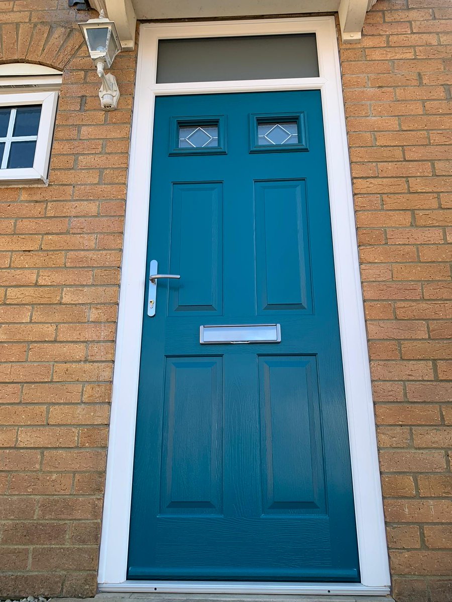 thewindowshop1's tweet photo. Solidor Tenby 2 Glazed with Simplicity Glass design. Peacock Blue door colour in a white frame with Graphite door furniture. Fitted in Thrapston this week by The Window Shop. https://t.co/OI4PNqyz0T