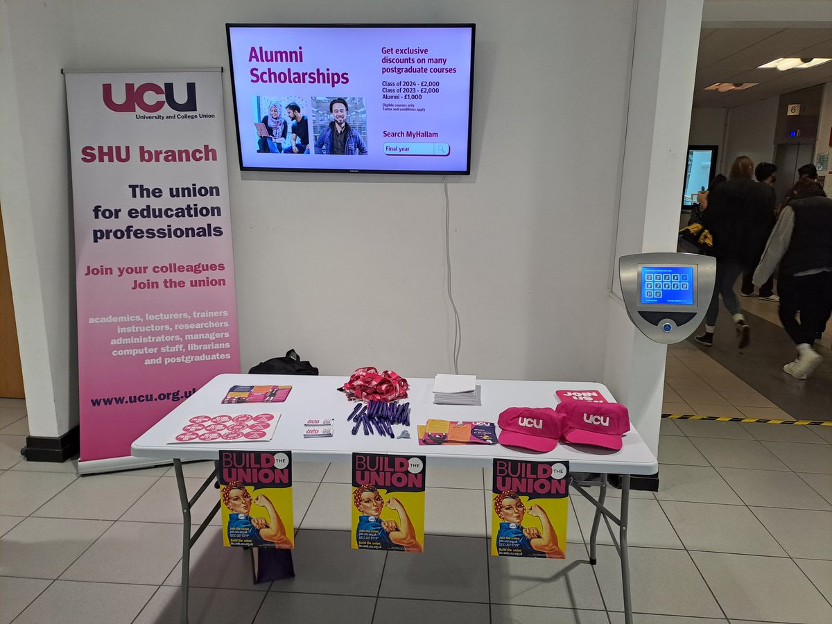 Come and say hello - we're on Owen 5 today, 12-3pm. We have updates for staff & students on what's happening at SHU. Solidarity with staff affected by redundancies.